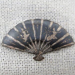 Vintage Niello Siam Sterling Silver Fan Brooch Pin Thai Dancers 925